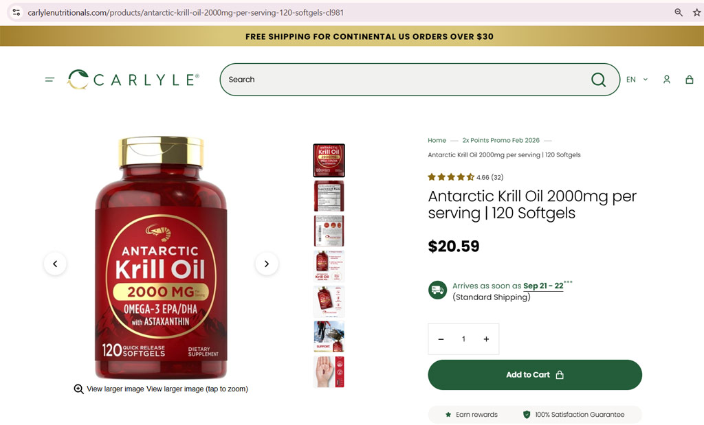Dầu nhuyễn thể Carlyle Antarctic Krill Oil 2000mg Omega 3 Chuẩn USA