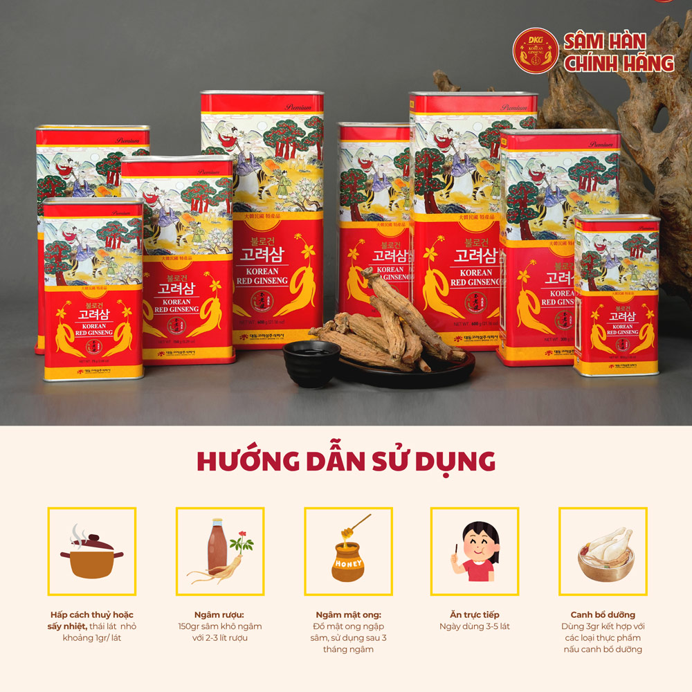 Hồng sâm củ khô 6 năm tuổi thương hiệu Daedong Hàn Quốc hộp thiếc với quy cách đóng hộp 150g, 300g và 600g giá bán tùy thuộc vào số lượng củ của mỗi hộp